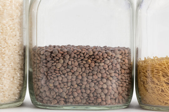 pantry jars with rice, lentils and noodles