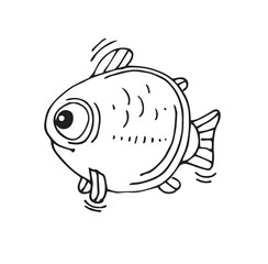 Funny round fish. Cartoon animal character. Underwater world. Outline sketch. Hand drawing is isolated on a white background. Vector