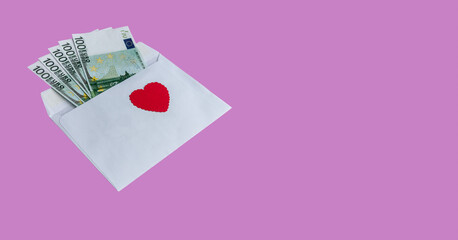 Paper envelope with 100 euro banknotes and a red heart on a purple background. Banknotes stick out of the envelope. Conceptual gift for Valentine's Day, wedding, birthday. With copy space to add text