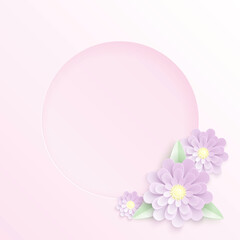 Cute pastel vector paper cut background with three purple flowers, green leaves and a round hole in center. Floral template design with violet layered elements for greeting card or wedding invitation