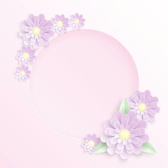Cute pastel vector paper cut background with purple flowers, green leaves and a round hole in a center. Floral template design with violet layered elements for greeting card or wedding invitation