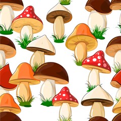 Different colored mushrooms in a cartoon style. Seamless pattern. Objects isolated on white background. Vector