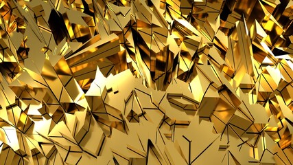 Texture with clear golden elements and solar reflection. Yellow background with broken gold. 3D image. Broken metal surface.