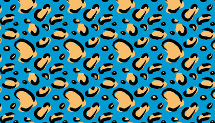 Leopard skin pattern in abstract style on blue background. Wild animal vector seamless background.