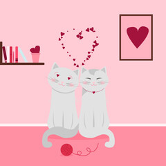 Сouple love of cat in valentine day. Enamored cats in a room with a picture and shelves with books. cats in love. Vector illustration.