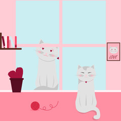 A cat in love looks out the window for a cat. Сouple love of cat in valentine day. cats in love. Vector illustration.