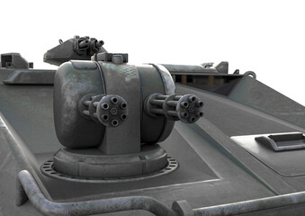 close up on the machine gun of the tank in white background