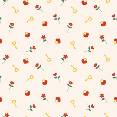 Vector seamless pattern with keys, locks and flowers in the shape of a heart
