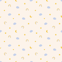 Seamless pattern with cute rainbows, stars, moons and clouds