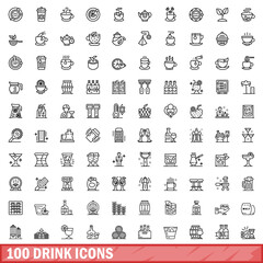 100 drink icons set, outline style