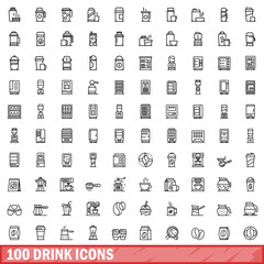 100 drink icons set, outline style