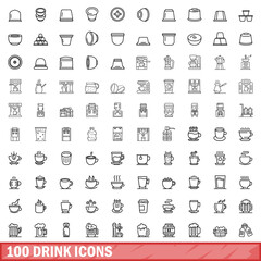 100 drink icons set, outline style - obrazy, fototapety, plakaty