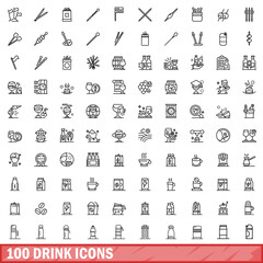 100 drink icons set, outline style