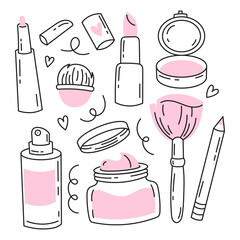A set of elements of decorative and care cosmetics doodle, cartoon, line. Isolated on a white background. Lipstick,blush,eye shadow,foundation,cosmetic brush,cosmetic pencil.Beauty and self-care.