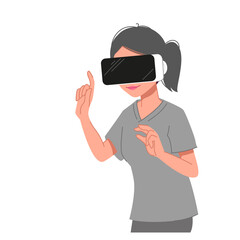 Metaverse. A girl with augmented reality glasses in the online world. Selling and buying tokens and cryptocurrencies in the metaverse. Character in a gadget for the virtual world on the Internet.