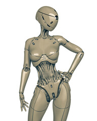 gynoid is the super fembot is doing a top model pose in white background