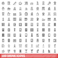 100 drink icons set, outline style