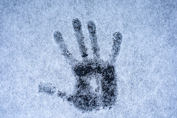 Photograph of a handprint in the snow. Handprint in the snow.