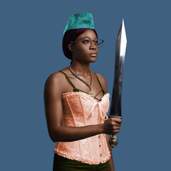 Woman of african ethnic holding sword against colorful background