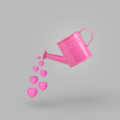 Obraz premium Watering can pouring pastel pink hearts. Valentines Day concept. Creative greeting card design idea.