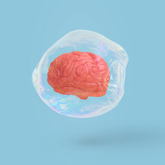 Creative minimal scene with a human brain isolated  in a transparent soap bubble levitating in the air