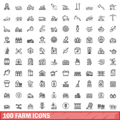 100 farm icons set, outline style