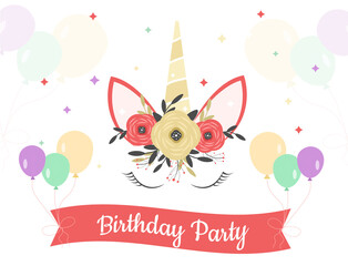 Birthday party invitation card with unicorn and balloons Cute unicorn
