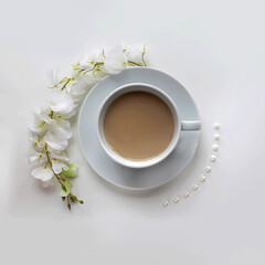 Tea with milk on a white background. Cocoa in a cup. Coffee with milk. Latte. Cappuccino. Espresso.