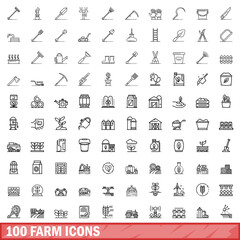100 farm icons set, outline style