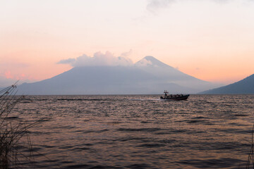 Volcano sunset on Lake Atitlan in Guatemala. 