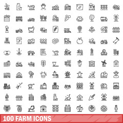 100 farm icons set, outline style