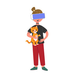 A character in the online space of the metaverse. A cartoon girl holding a koto, wearing metaworld augmented reality glasses. Vector illustration of a cute character who buys cryptocurrency.