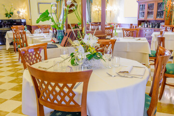 Classic dining room in luxury restaurant, hotel.