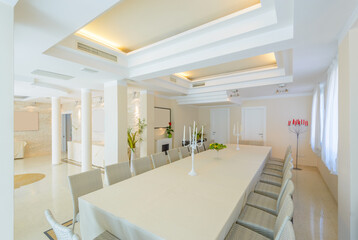 Large luxury dining room interior. New empty hotel or home space.
