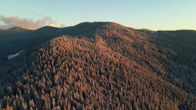 Long relaxing flight above winter mountains with snow peaks on the horizon