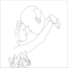 Elderly couple in continuous line drawing style. Romantic elderly couple dancing. Old grandfather and grandmother. Happy grandparents isolated on white background. Minimalism vector hand drawing.