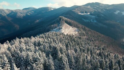 Relaxing nature. Long relaxing flight above winter mountain wonderland