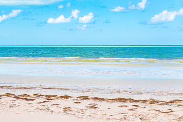 Natural Holbox island beach sandbank panorama turquoise water waves Mexico.