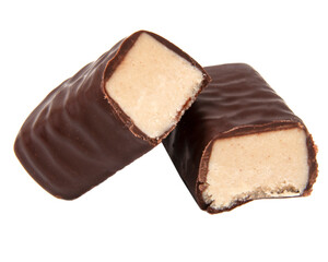 Chocolate candies sweets with praline filling isolated on the white