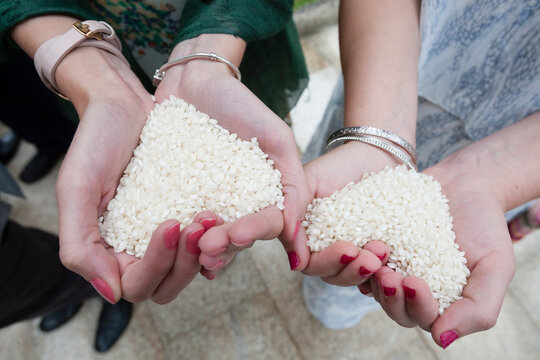 The Hands Of Two Women Hold White Rice On A Wedding Day