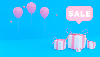 Speech bubble with sale label tag, air balls and gift boxes on a floor. 3d rendering illustration on turquoise background.	