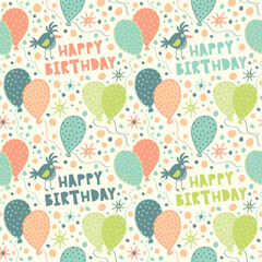 Festive seamless pattern with gifts, balloons, confetti, hearts.