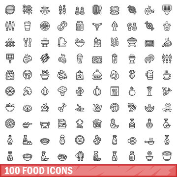 100 food icons set, outline style