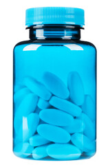 Transparent plastic medical bottle without label with pills isolated on white background