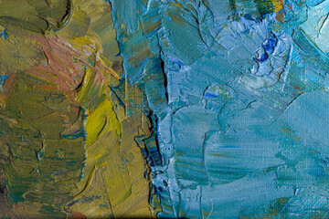 Abstract background closeup of a painting with brushstrokes. Rough art paint smear. Large multicolor spots of brush strokes and palette knife on the canvas