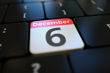 December 6 date on a keyboard key, 3d rendering