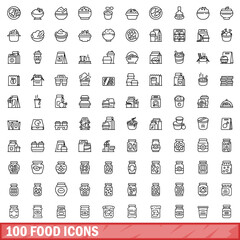 100 food icons set, outline style