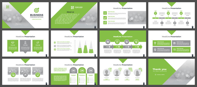 Presentation template in green. A set of slides for a business company.