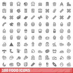 100 food icons set, outline style