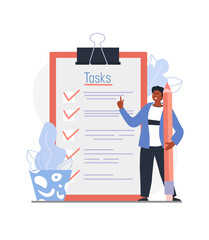 To do list concept. Young smiling man with pencil in his hands stands next to large completed list of tasks. Time management and personal effectiveness. Cartoon modern flat vector illustration